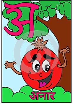 Learn hindi language alphabets for kindergarten preschool and beginners. Pomegranate cute cartoon.