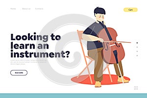 Learn instrument concept of landing page with cute boy playing cello