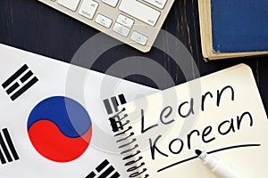 Learn Korean inscription with flag and keyboard