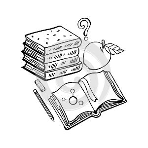Learn lessons. School set stack of books, open textbook, Apple, question mark, pencil, eraser. Isolated objects on white