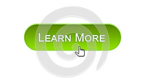 Learn more web interface button clicked with mouse cursor, green color, webinar