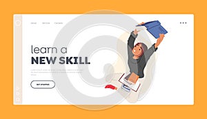Learn a New Skill Landing Page Template. Student Girl Sitting with Pile Of Books, Engrossed In Reading, Prepare for Exam