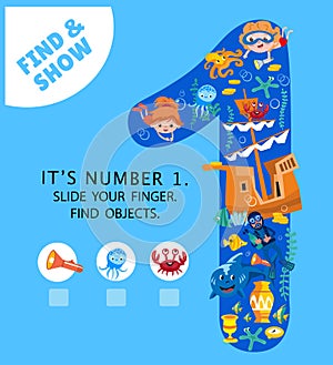 Learn the numbers from 1 to 9. Puzzle game for children. Find the objects. Activity, vector illustration. Cute