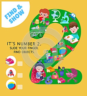 Learn the numbers from 1 to 9. Puzzle game for children. Find the objects. Number two. Activity, vector illustration