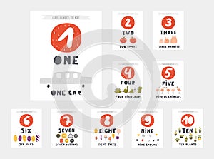 Learn numbers cards for kids. Numbers one, two, three, four, five, six, seven