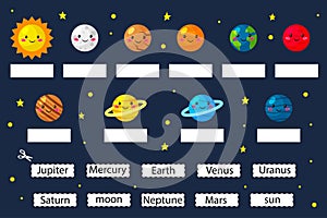 Learn the planets, educational game for preschool kids. Cut and glue planets name.
