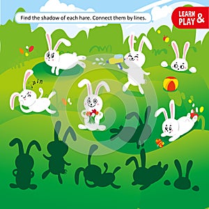 Learn and play at same time. Find the shadow of each hare and connect them with lines. Development task for children to