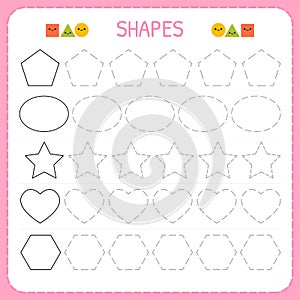 Learn shapes and geometric figures. Preschool or kindergarten worksheet for practicing motor skills. Tracing dashed lines for kids