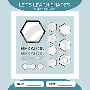 Learn Shapes. Hexagon. Handwriting practice. Trace and write. Educational children game. Kids activity printable sheet photo