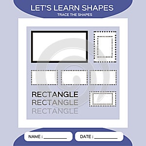 Learn Shapes. Rectangle. Handwriting practice. Trace and write. Educational children game. Kids activity printable sheet