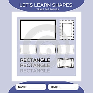 Learn Shapes. Rectangle. Handwriting practice. Trace and write. Educational children game. Kids activity printable sheet photo