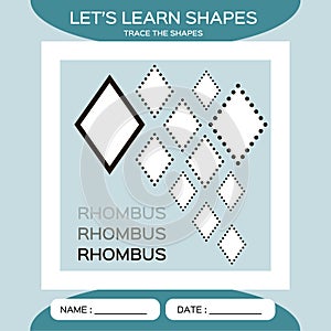 Learn Shapes. Rhombus. Handwriting practice. Trace and write. Educational children game. Kids activity printable sheet photo