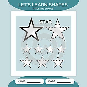 Learn Shapes. Star. Handwriting practice. Trace and write. Educational children game. Kids activity printable sheet