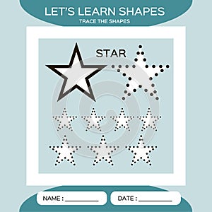 Learn Shapes. Star. Handwriting practice. Trace and write. Educational children game. Kids activity printable sheet photo