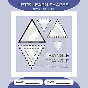 Learn Shapes. Triangle. Handwriting practice. Trace and write. Educational children game. Kids activity printable sheet photo