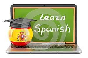 Learn Spanish concept with laptop blackboard and graduation cap, 3D rendering