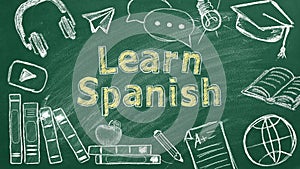 Learn Spanish. Illustration on greenboard.