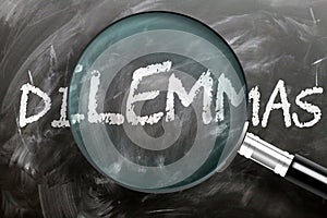Learn, study and inspect dilemmas - pictured as a magnifying glass enlarging word dilemmas, symbolizes researching, exploring and