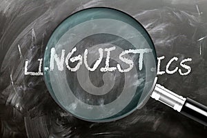 Learn, study and inspect linguistics - pictured as a magnifying glass enlarging word linguistics, symbolizes researching,