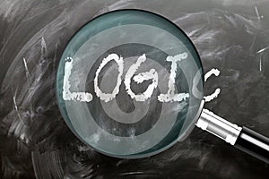 Learn, study and inspect logic - pictured as a magnifying glass enlarging word logic, symbolizes researching, exploring and