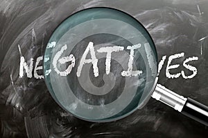 Learn, study and inspect negatives - pictured as a magnifying glass enlarging word negatives, symbolizes researching, exploring