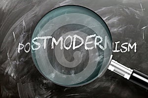 Learn, study and inspect postmodernism - pictured as a magnifying glass enlarging word postmodernism, symbolizes researching,