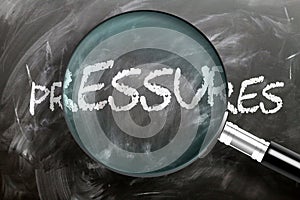 Learn, study and inspect pressures - pictured as a magnifying glass enlarging word pressures, symbolizes researching, exploring