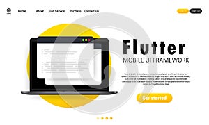 Learn to code Flutter Mobile UI Framework on laptop screen, programming language code illustration. Vector on isolated white