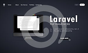 Learn to code Laravel PHP Framework programming language on computer screen, programming language code illustration. Vector on