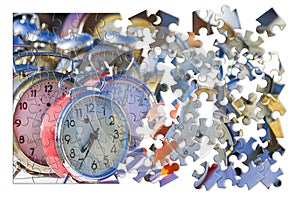 Learn to manage the time - Old colored metal table clocks, concept image in jigsaw puzzle shape