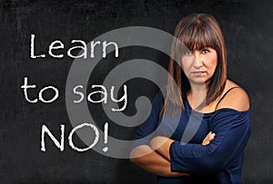 Learn to say no teacher threatening brunette woman crossed arms