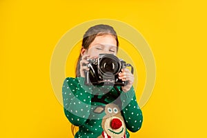 Learn to take photos with dslr camera. Photography courses. Education concept. Little reporter take photo. Vintage