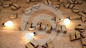 Learn word from wooden cubes, wood letters text string on table with light bulbs