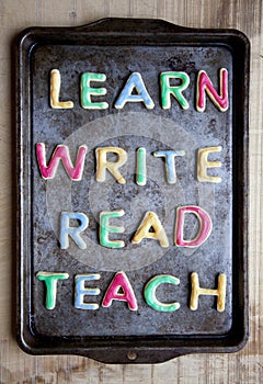 Learn Write Read and Teach cookies on baking tray