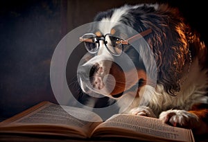 Learned dog meditates by an open book. AI genarated