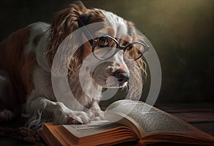 Learned dog meditates by an open book. AI genarated