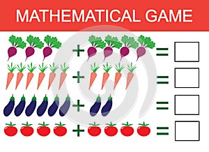 Learning addition by example of vegetables for children, counting activity. Math educational game for children. Vector illustratio