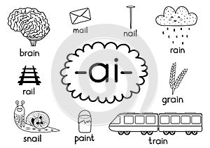 Learning ai digraph. Phonics for kids. Black and white educational poster