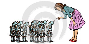 Learning artificial intelligence concept, woman swears at small robots