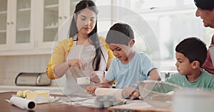 Learning, baking and children with grandmother and mother in the kitchen for sweet treats or dessert. Teaching, bonding