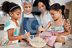 Learning, big family and cooking kids in kitchen mixing baking dough in bowl in home. Education, care and mother and