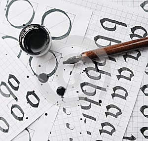 Learning calligraphy - paper with example and brush ink