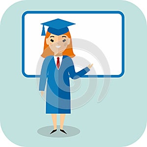 Learning concept with student in graduation gown and mortarboard near blackboard