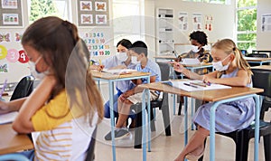 ... Learning, covid teaching and studying young students sitting in a school classroom indoors. Education of youth