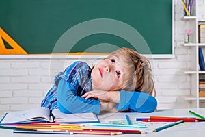 Learning and education concept. Children learning. Child tutoring. Home study. Portrait of Pupil in classroom.