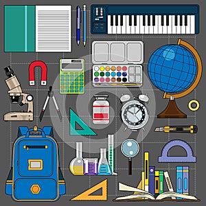Learning and education equipments on gray background