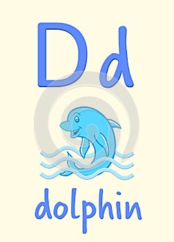 Learning English alphabet. Card with letter D and dolphin, illustration