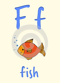 Learning English alphabet. Card with letter F and fish, illustration
