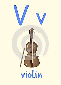 Learning English alphabet. Card with letter V and violin, illustration