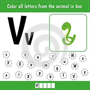 Learning English alphabet. Color all letters Vv. V is for viper